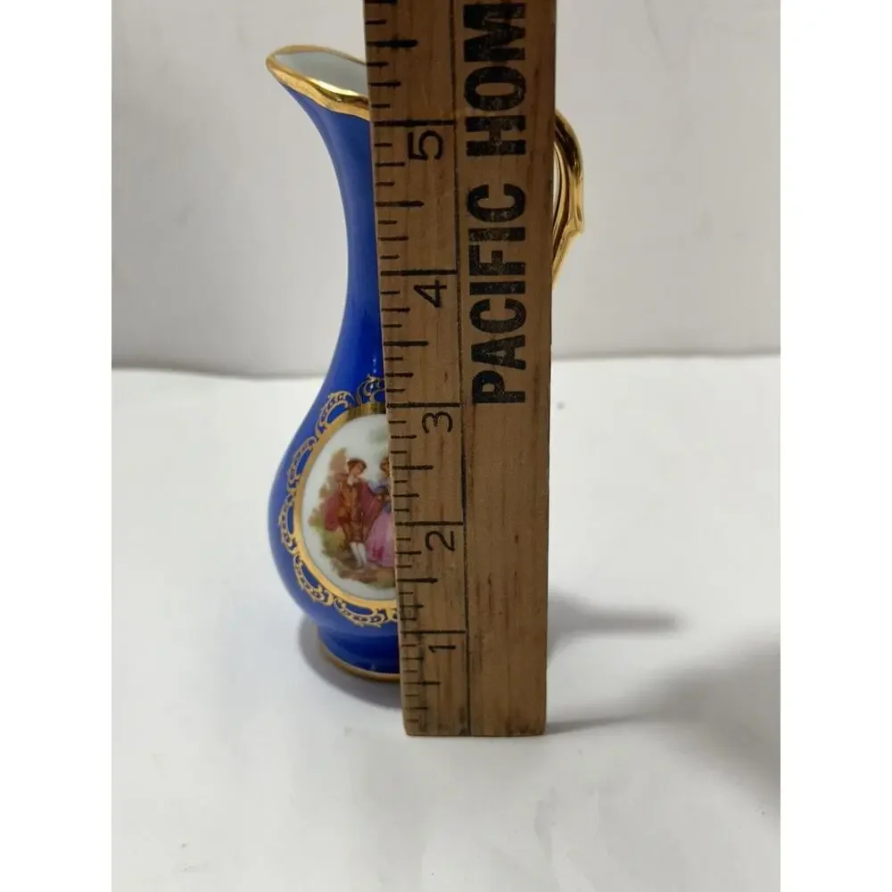 Limoges‎ France Blue Cobalt / Gold Miniature Pitcher vase W/ Courting Couple